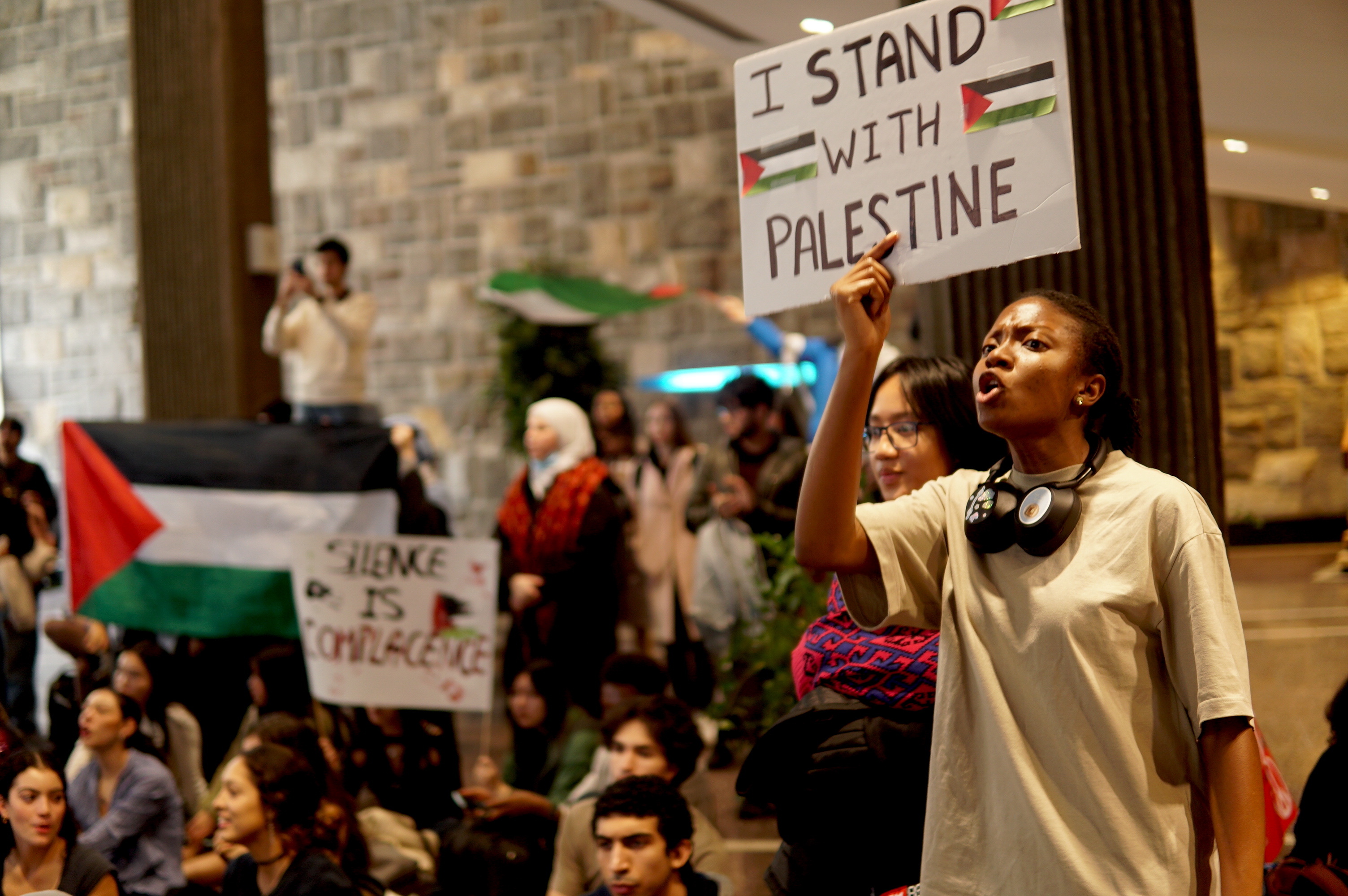 Students demonstrate at Concordia University in Montreal, Canada in solidarity with the Palestinian people on 25 October 2023.