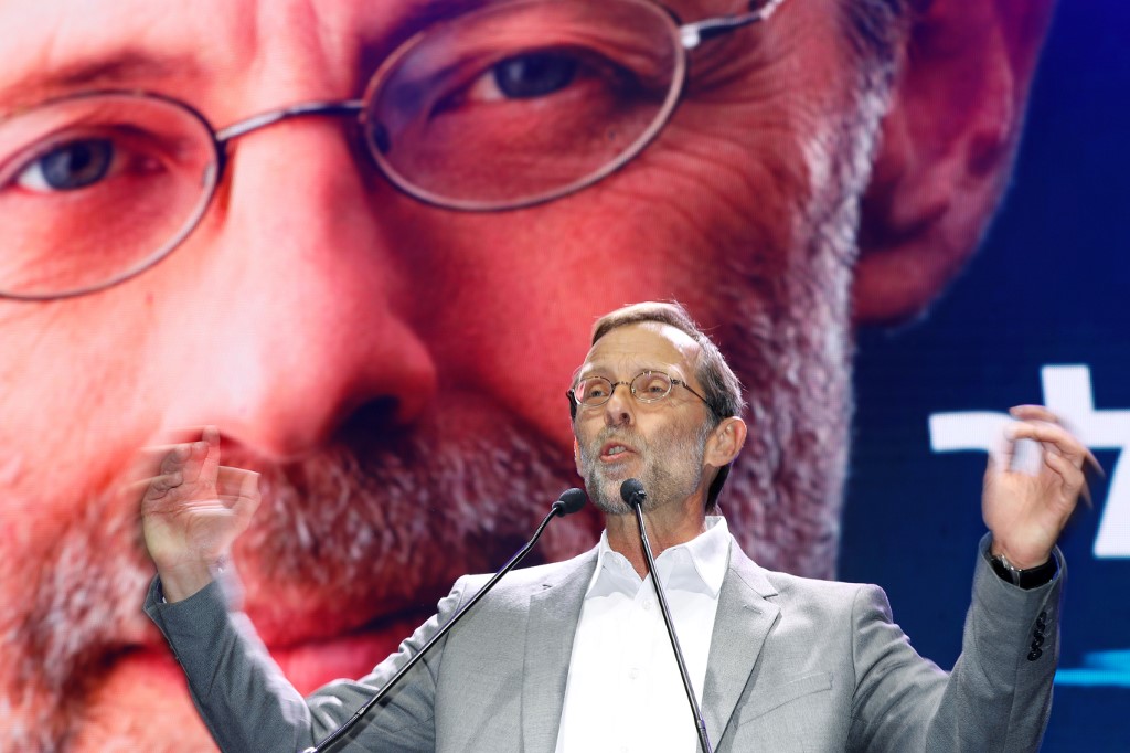 Leader of the far-right Zehout political party Moshe Feiglin speaks to his members in Tel Aviv earlier this year (AFP) 