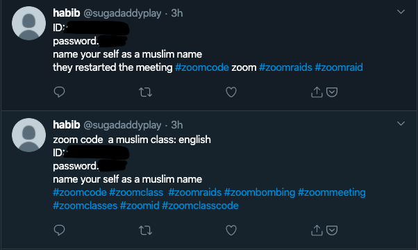 Screengrab showing tweet sharing details of Zoom meeting for a Muslim community.