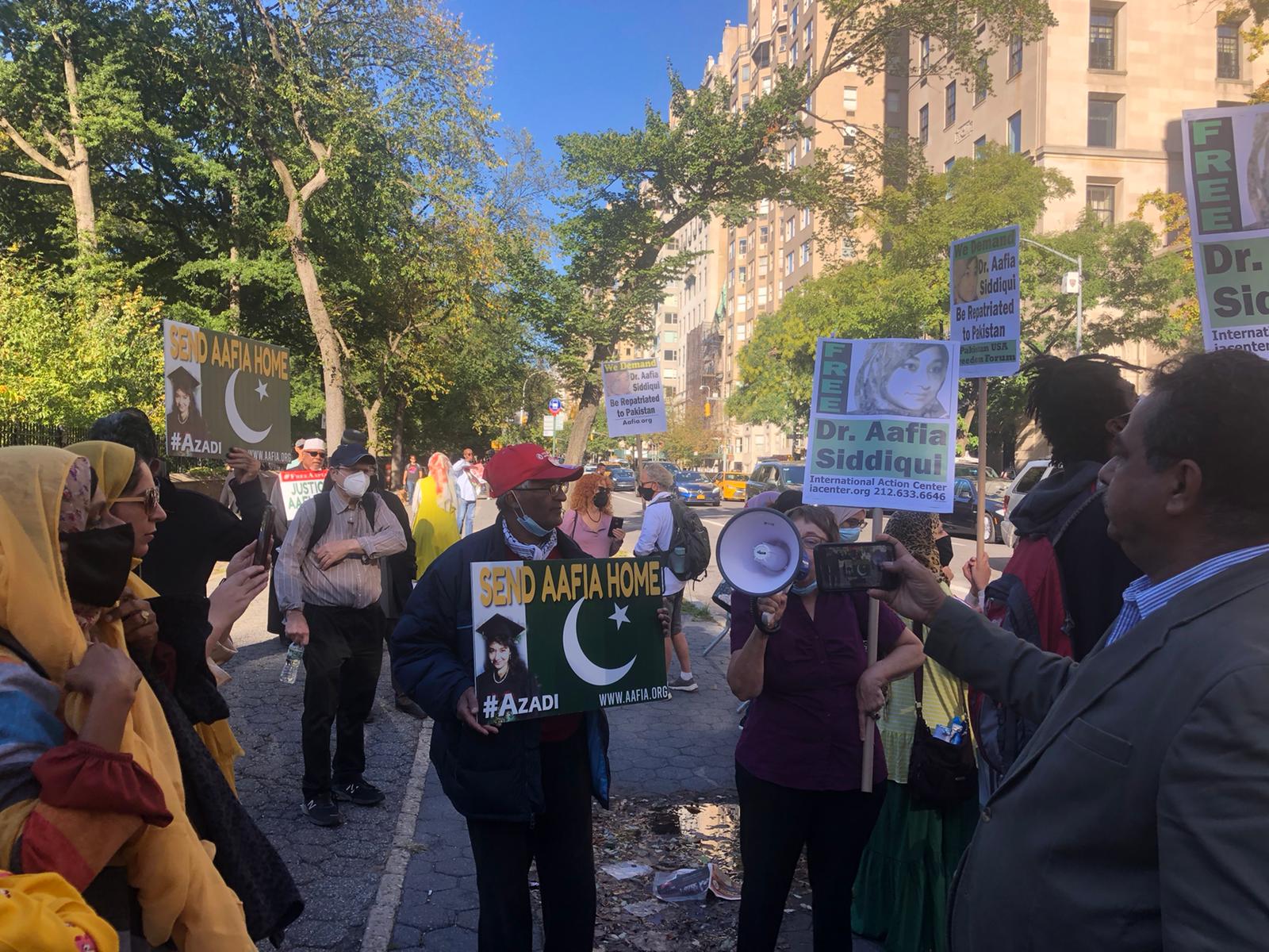 Protesters gather near the Pakistani consulate in New York City to demand the release of Aafia Siddiqui.