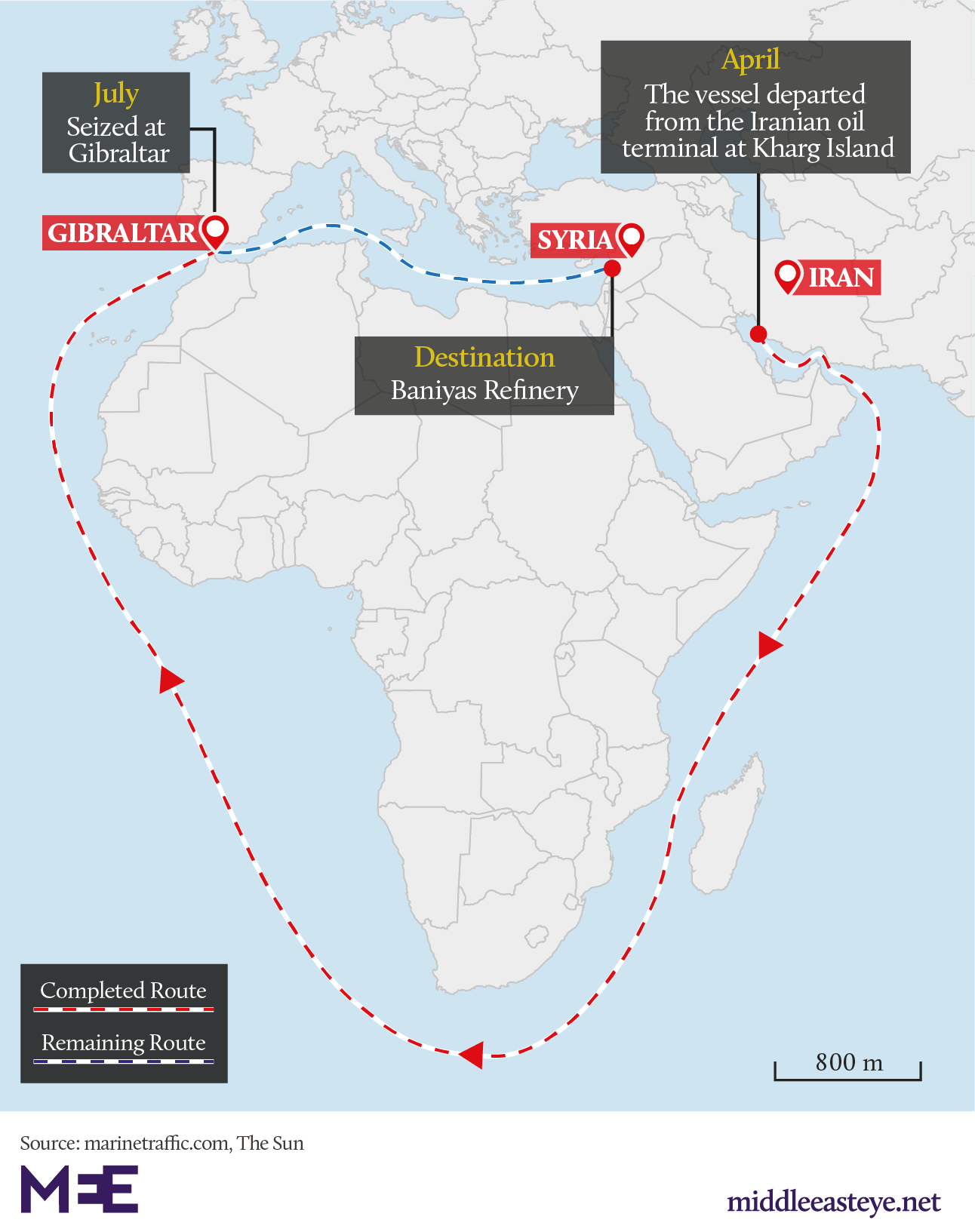 The Grace 1 vessel was tracked off the coast of Iran in April (MEE Graphics)