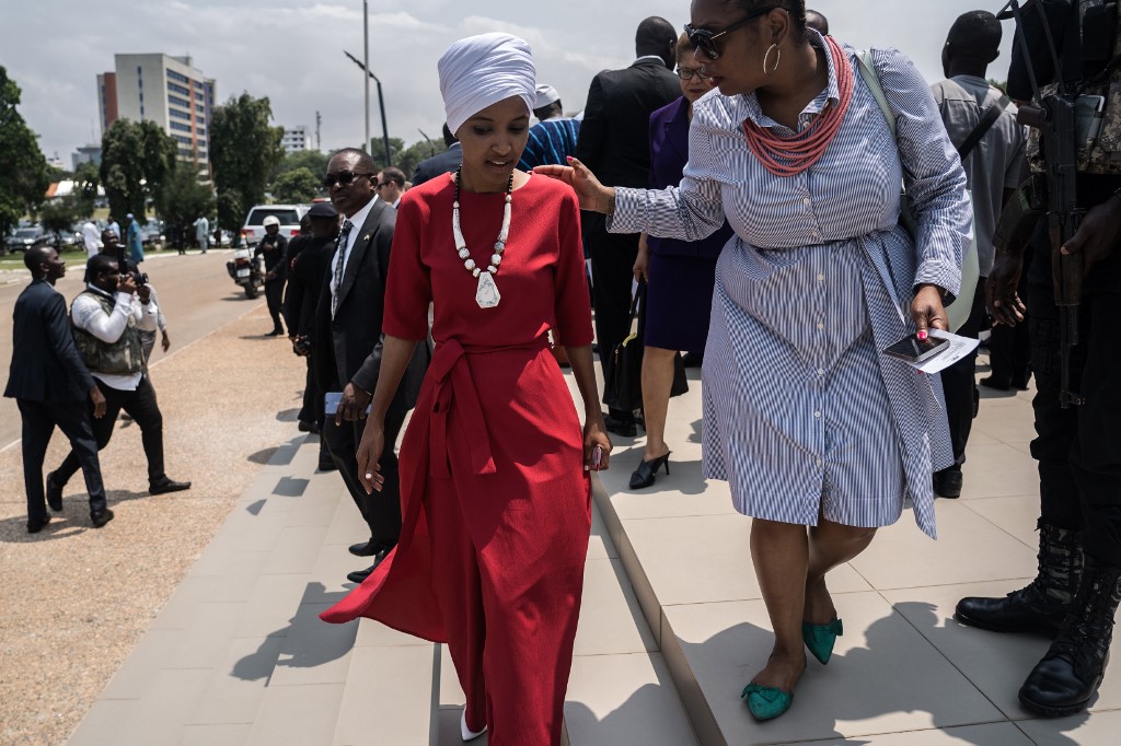 Omar arrives at Ghana’s parliament on 31 July, during a visit to mark 400 years since the first slave shipment left for the US (AFP) 