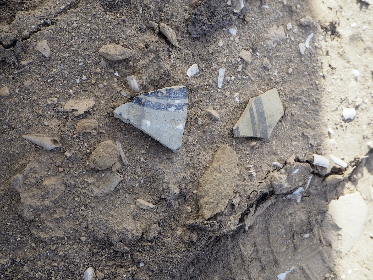 Painted pottery pieces lying on the ground at Eridu
