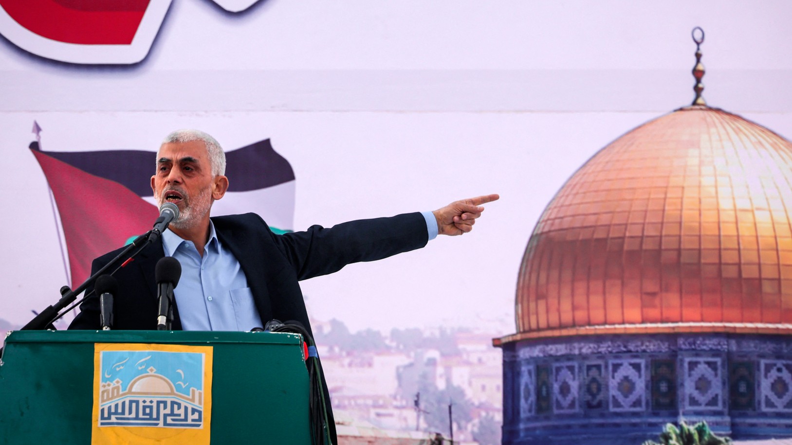 Yahya Sinwar, the chief of Hamas in the Gaza Strip, addresses supporters during a rally marking Al-Quds (Jerusalem) Day on 14 April, 2023 (Mohammed Abed/AFP)