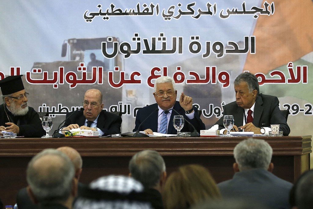 Abbas speaks during a PCC meeting in Ramallah in October 2018 (AFP)
