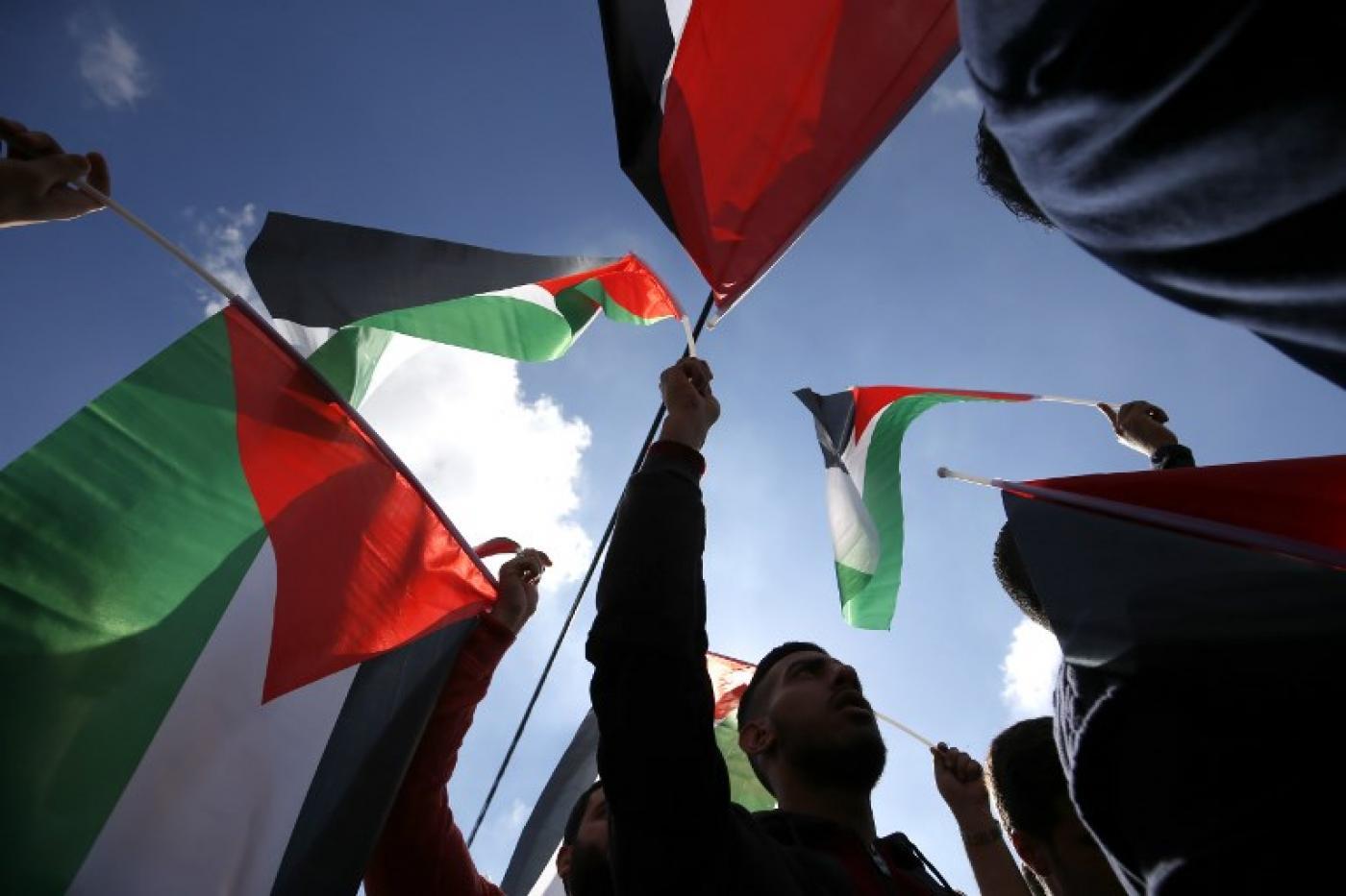 Palestinians hoist their national flag at a protest in Ramallah in November 2018 (AFP)