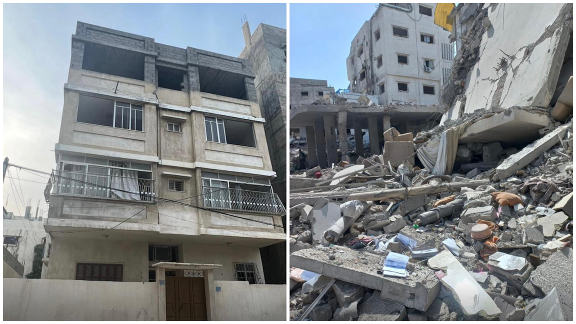 The author's home, located near al-Shifa Hospital, before and after its destruction during the Israeli military attack on the hospital in Gaza City in March 2024 (Supplied)