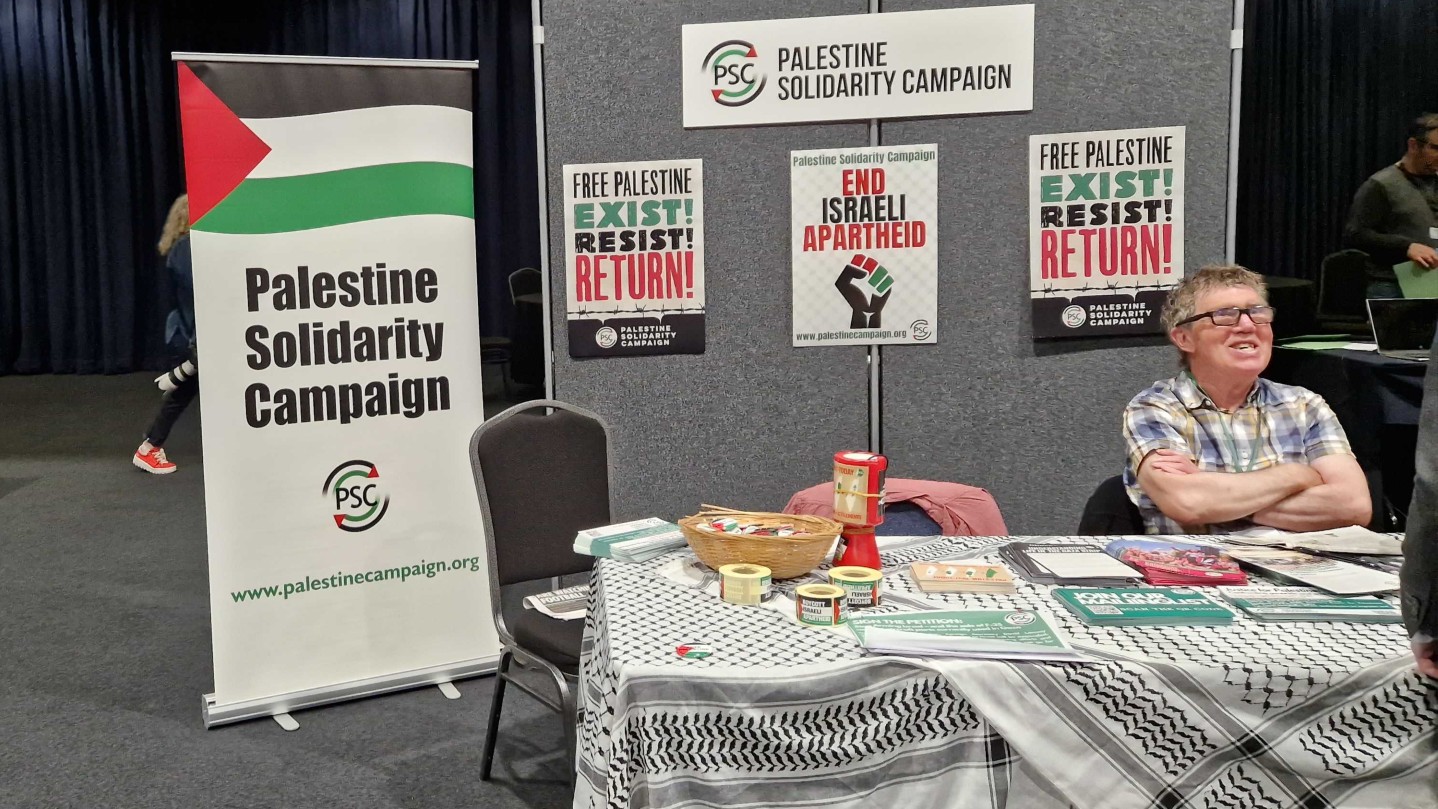 A Palestine Solidarity Campaign stall at the Green Party conference in Manchester on 6 September (MEE/Imran Mulla)