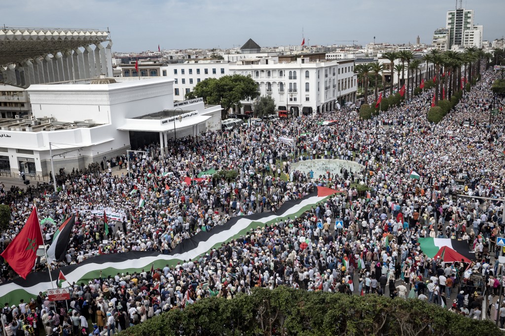 Demonstrators march in Rabat to express support to Palestinians  October 15, 2023. 