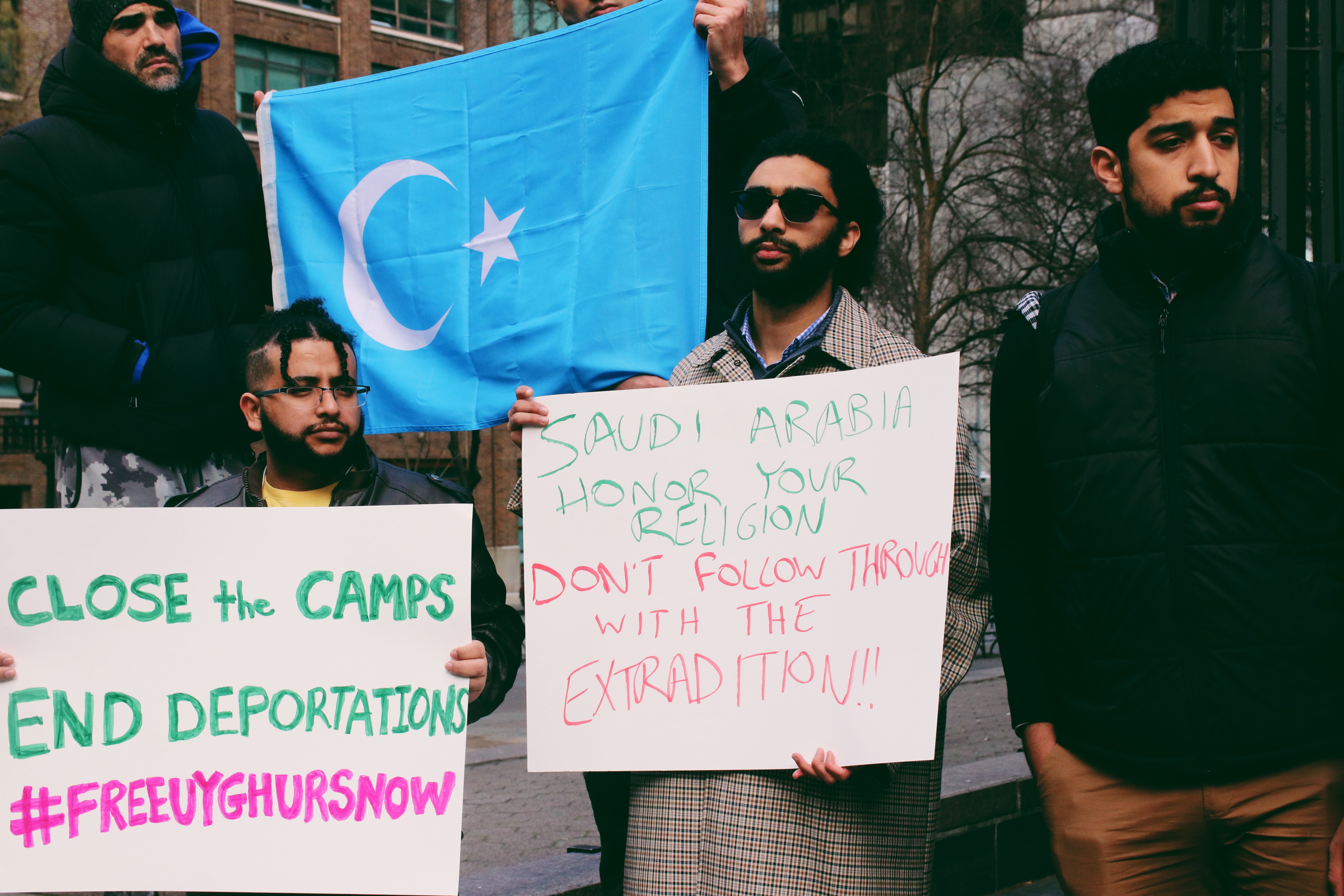 Activists gather outside the Consulate General of Saudi Arabia in NY to demand the kingdom to halt deportations of Uyghur Muslims