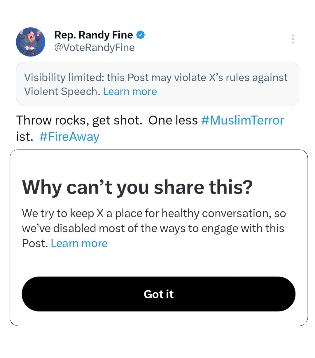 Randy Fine’s tweet is restricted in visibility for violating X’s policies on violent speech (Screenshot/X)