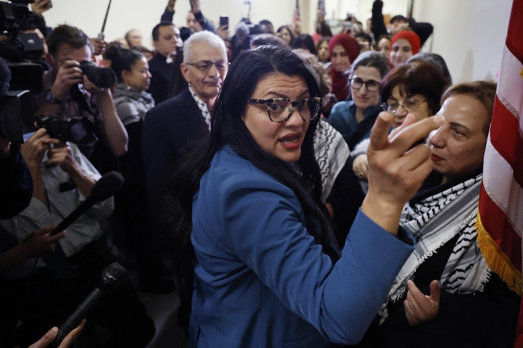 Rep. Rashida Tlaib (D-MI) greets demonstrators with Code Pink for Peace outside her office in the Rayburn House Office Building as they rallied on Capitol Hill in support of Palestinians and to demand a cease fire in Gaza on February 15, 2024 in Washington, DC