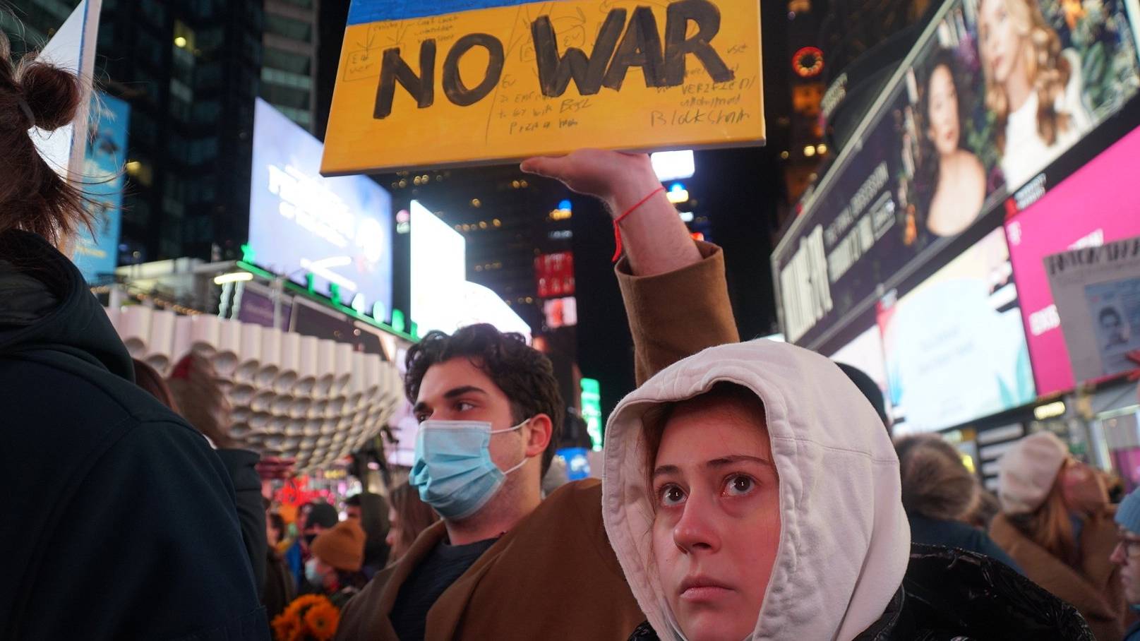 Protestors demonstrating against the Russian invasion of Ukraine in New York, USA. 