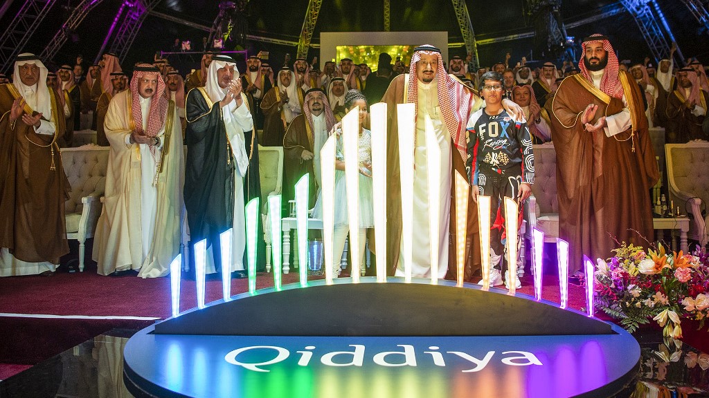 Saudi King Salman and Crown Prince Mohammed bin Salman launch a Vision 2030 ‘entertainment city’ project southwest of Riyadh in 2018 (Bandar al-Jaloud/Saudi Royal Palace/AFP)