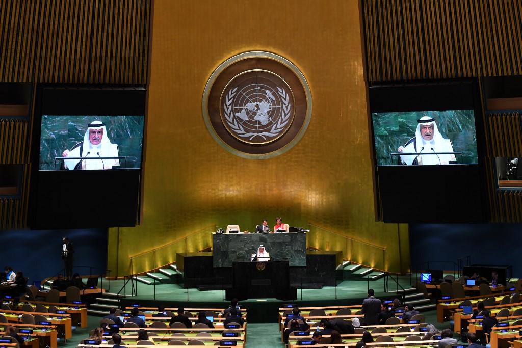 Former Saudi Foreign Minister Ibrahim Abdulaziz Al-Assaf speaks at the UN in 2019 (AFP)