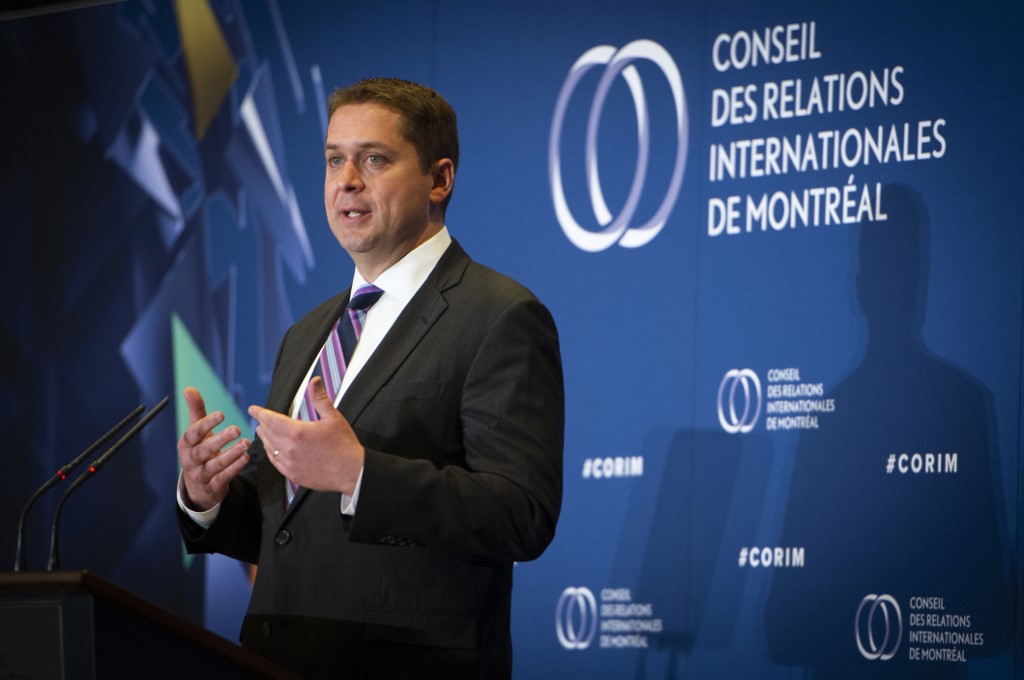 Conservative leader Andrew Scheer speaks in Montreal on 7 May (AFP)