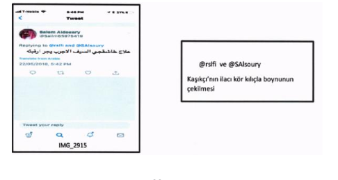 Tweet de juin 2018 récupéré dans l’ordinateur de Khashoggi qui le menace de mort en arabe : « Le remède à Khashoggi consiste à passer une épée émoussée sur son cou. » À droite, la traduction en turc (capture d’écran)