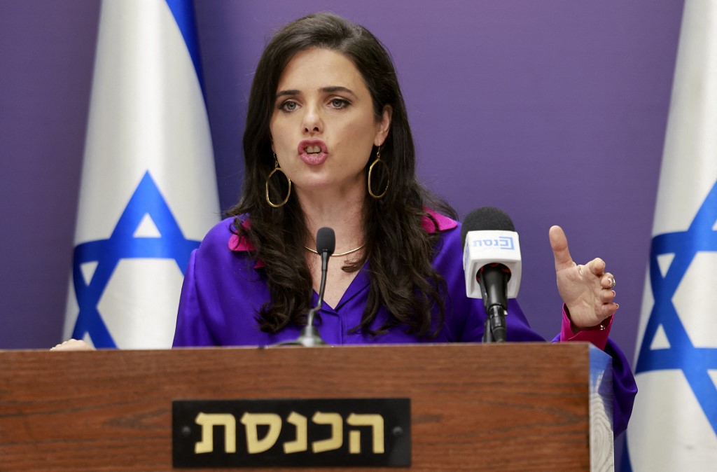Israeli Interior Minister Ayelet Shaked speaks in Jerusalem on 5 July 2021 (AFP)