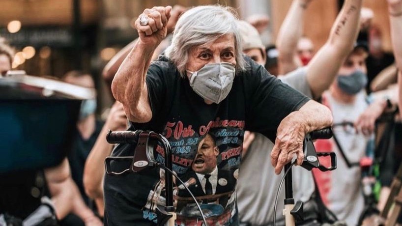 Shatzi Weisberger at a BLM protest in NYC in 2020 (Courtesy JVP)