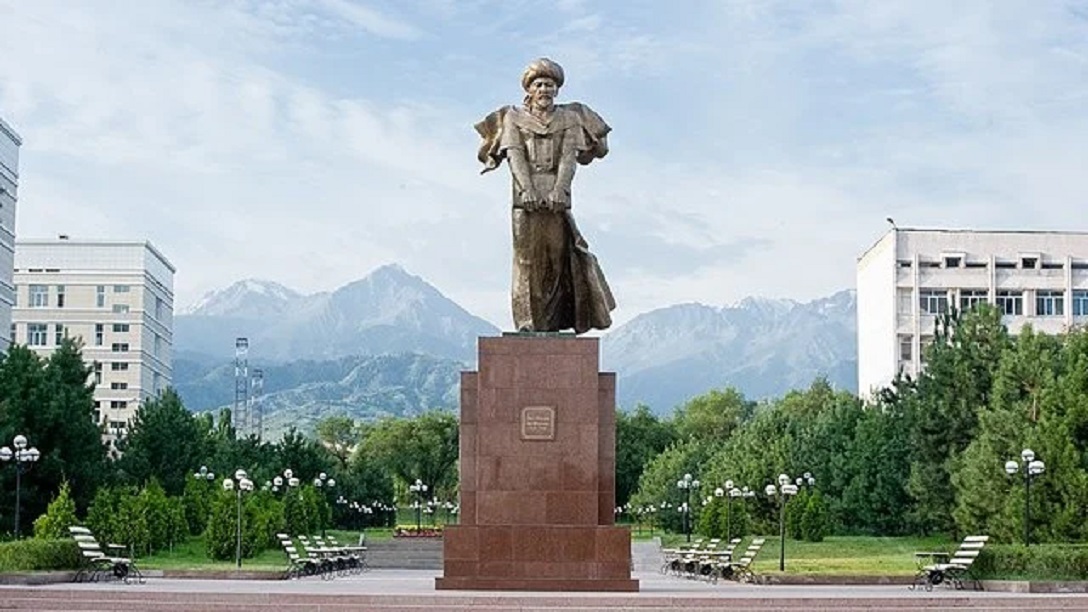 A statue of al-Farabi is seen in front of the Kazakh National State University 