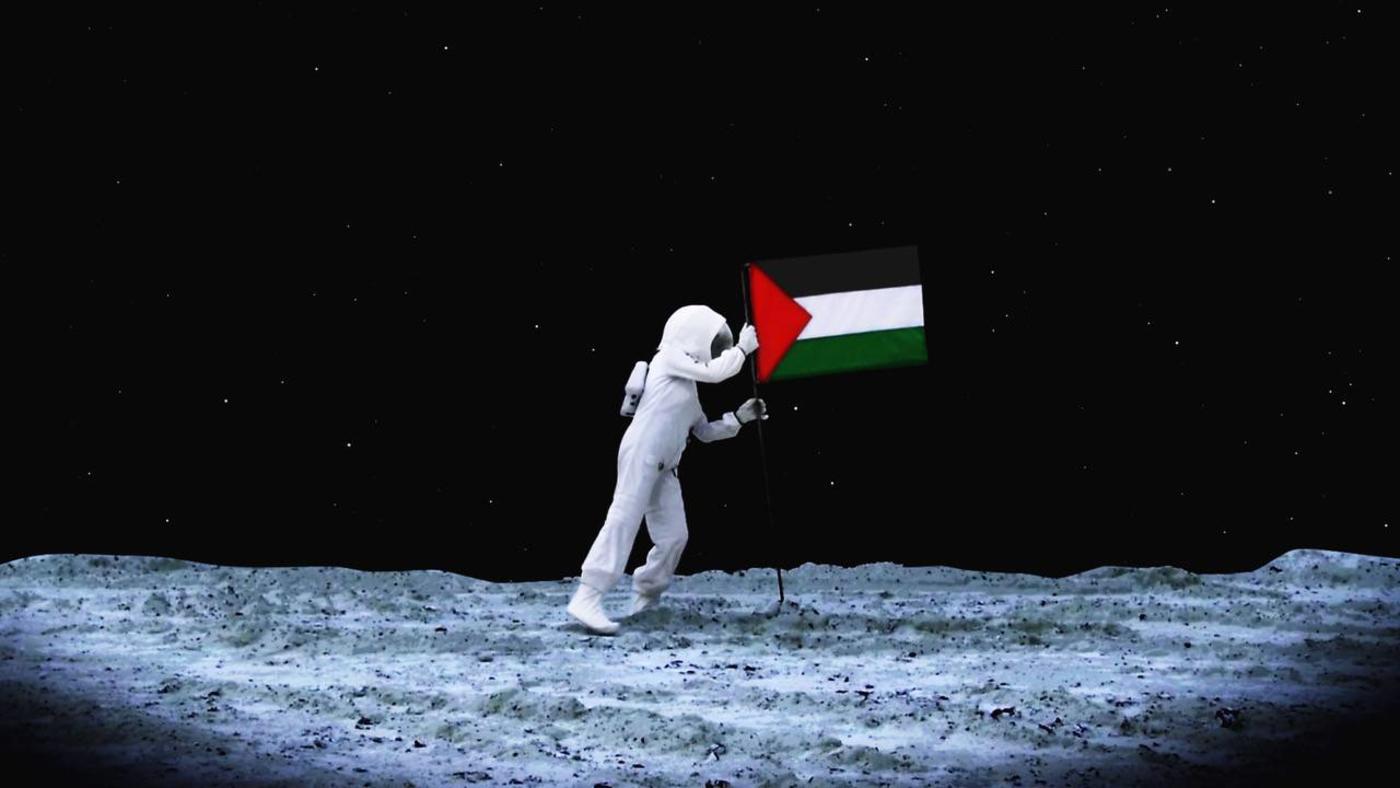 Space Exodus (2009), is the first part of a trilogy, where Sansour appears as the first Palestinian astronaut to land on the moon (Larissa Sansour)