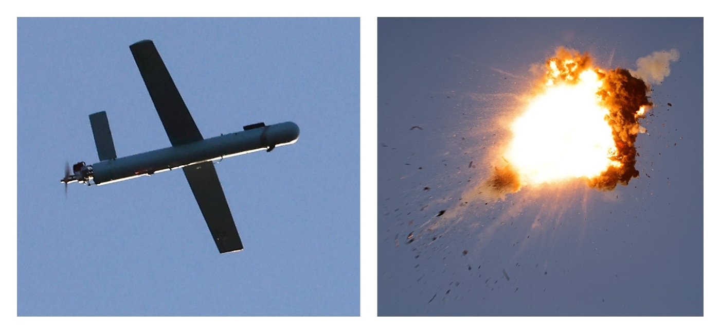 A Hezbollah UAV over north Israel on 25 August 2024; and a Hezbollah UAV is destroyed on the same day by Israeli forces (AFP)