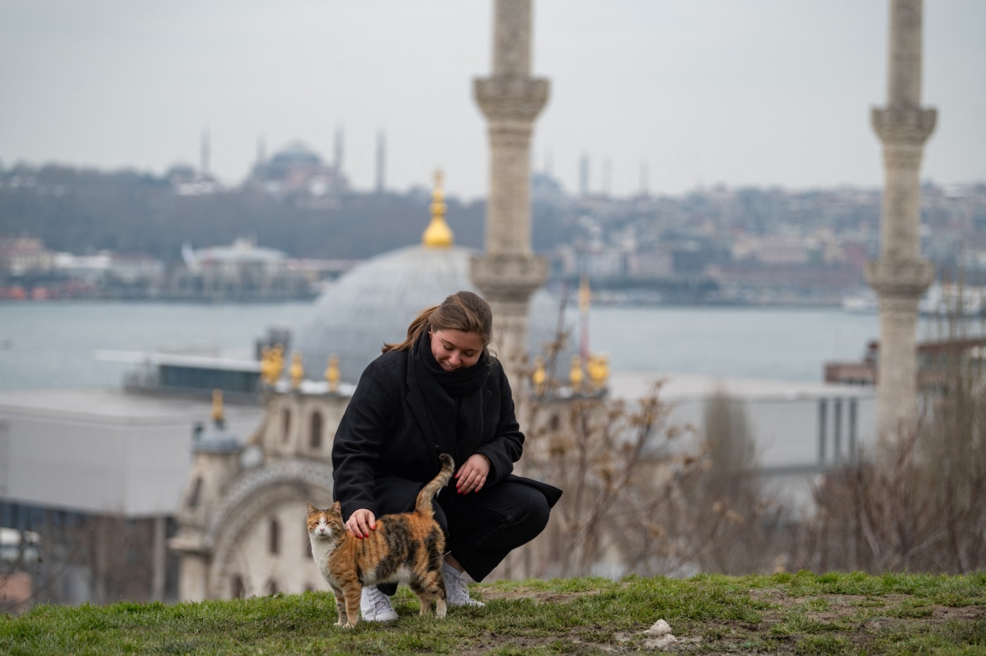 A Russian woman and cat of unknown nationality are seen in Istanbul after leaving Russia for Turkey following the invasion of Ukraine (AFP)
