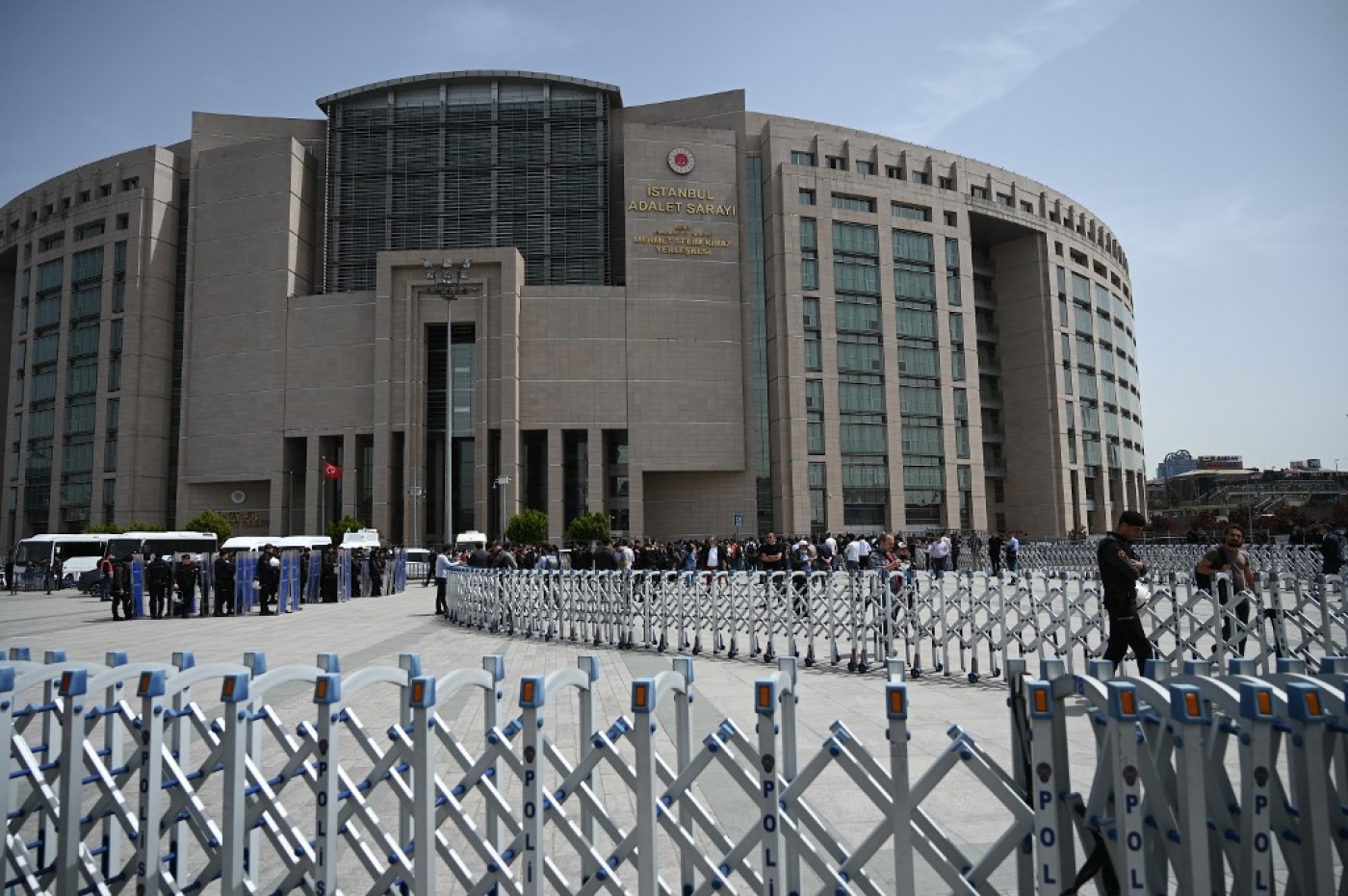 Turkish anti-riot police stand outside the Istanbul courthouse on 26 April 2022 (AFP)