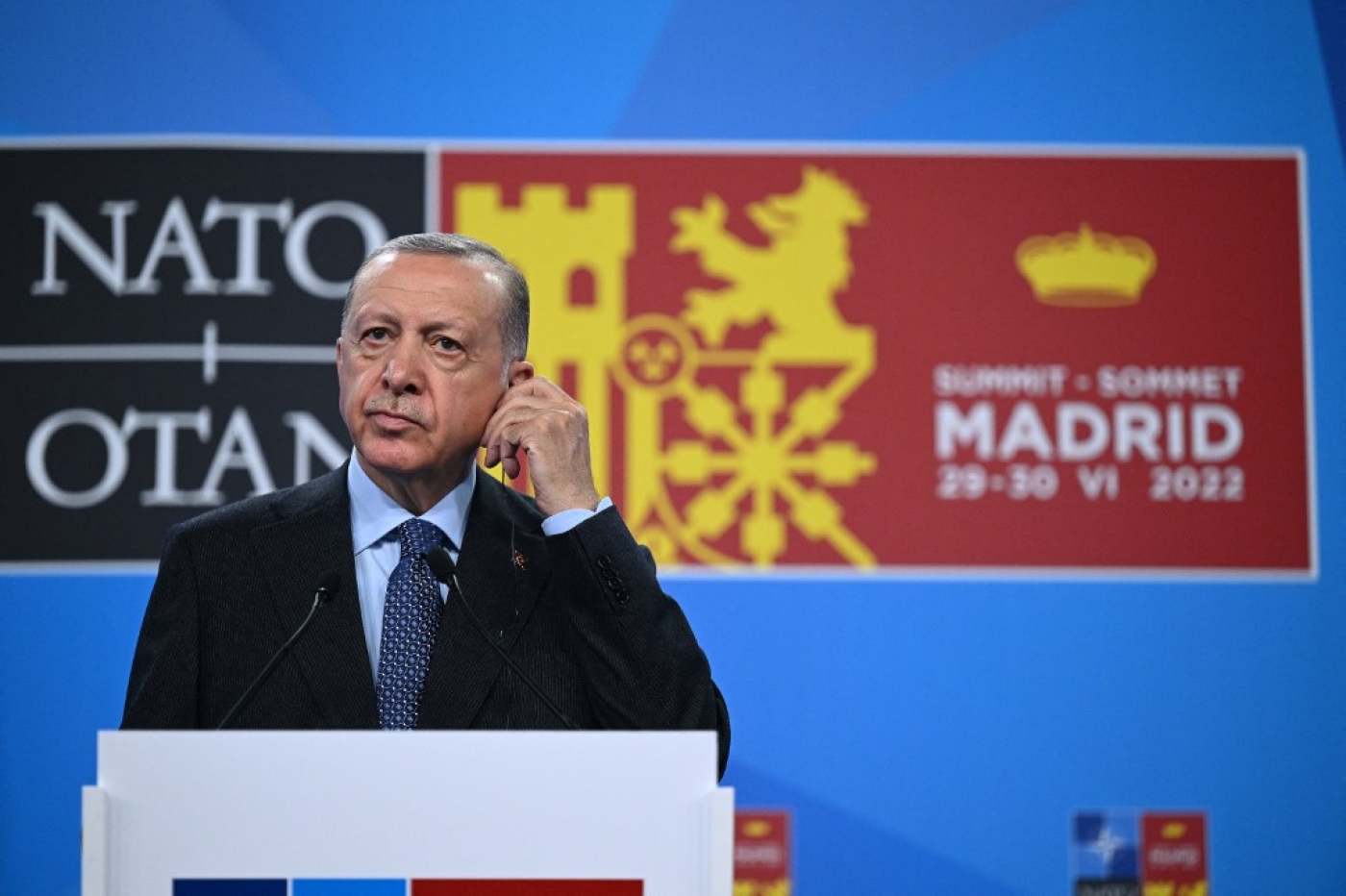 Turkey's President Recep Tayyip Erdogan addresses media representatives during a press conference at the NATO summit at the Ifema congress centre in Madrid, on June 30, 2022. (AFP)