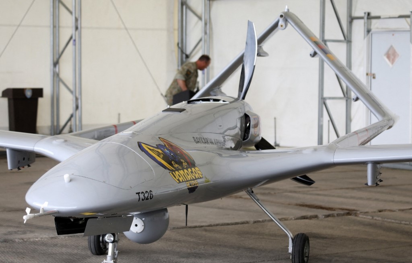A Turkish Bayraktar TB2 combat drone is on view during a presentation at the Lithuanian Air Force Base in Siauliai, Lithuania, on July 6, 2022.  (AFP)
