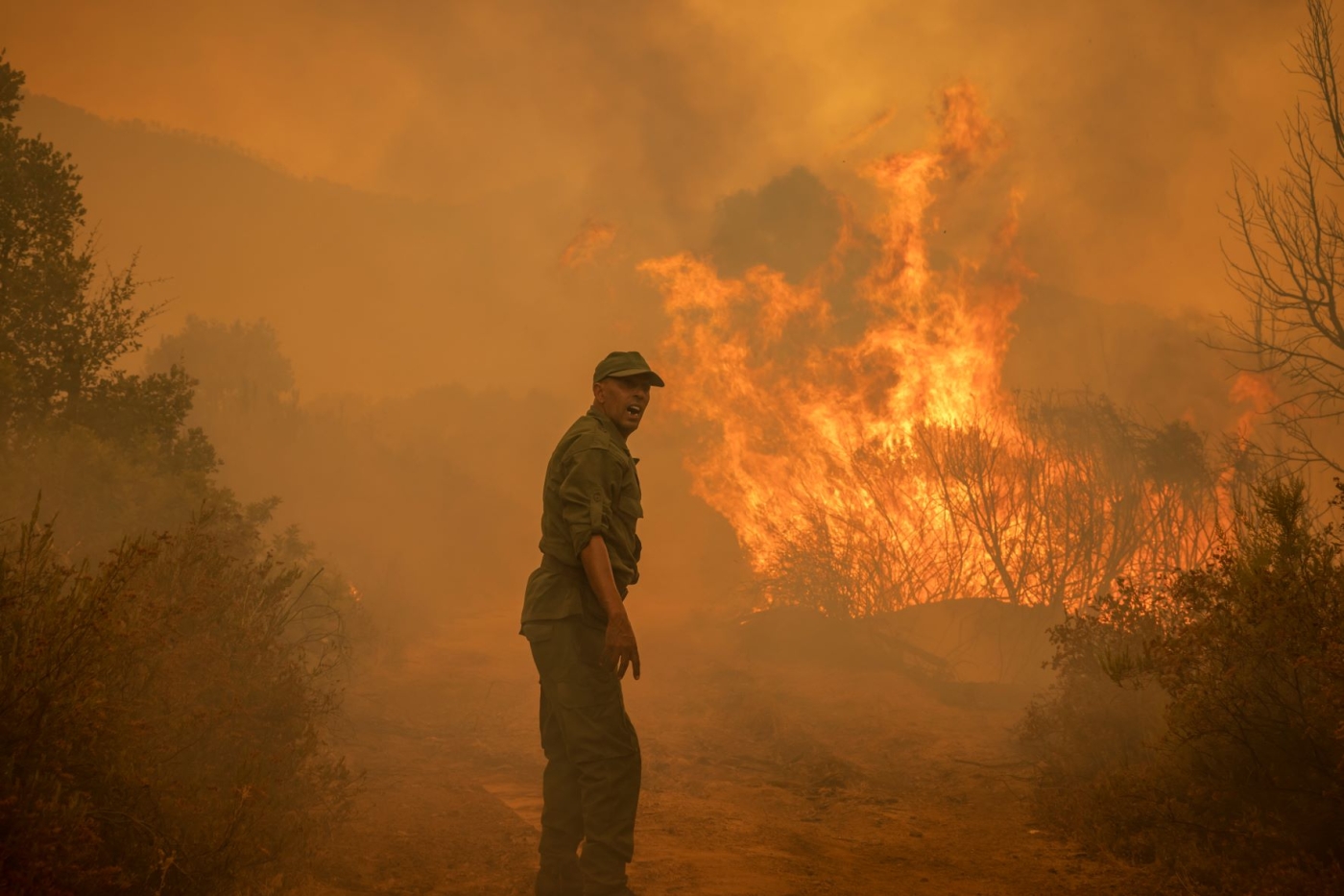 A Moroccan soldier reacts next to a forest fire near Ksar el-Kebir in the Larache region, on 15 July 15, 2022. (AFP)