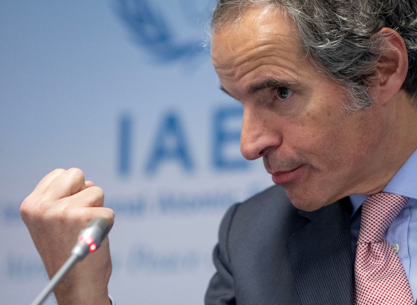 Rafael Grossi, Director General of the International Atomic Energy Agency (IAEA), speaks to journalists after the IAEA's Board of Governors' meeting at the agency's headquarters in Vienna, Austria on March 6, 2023 (AFP)