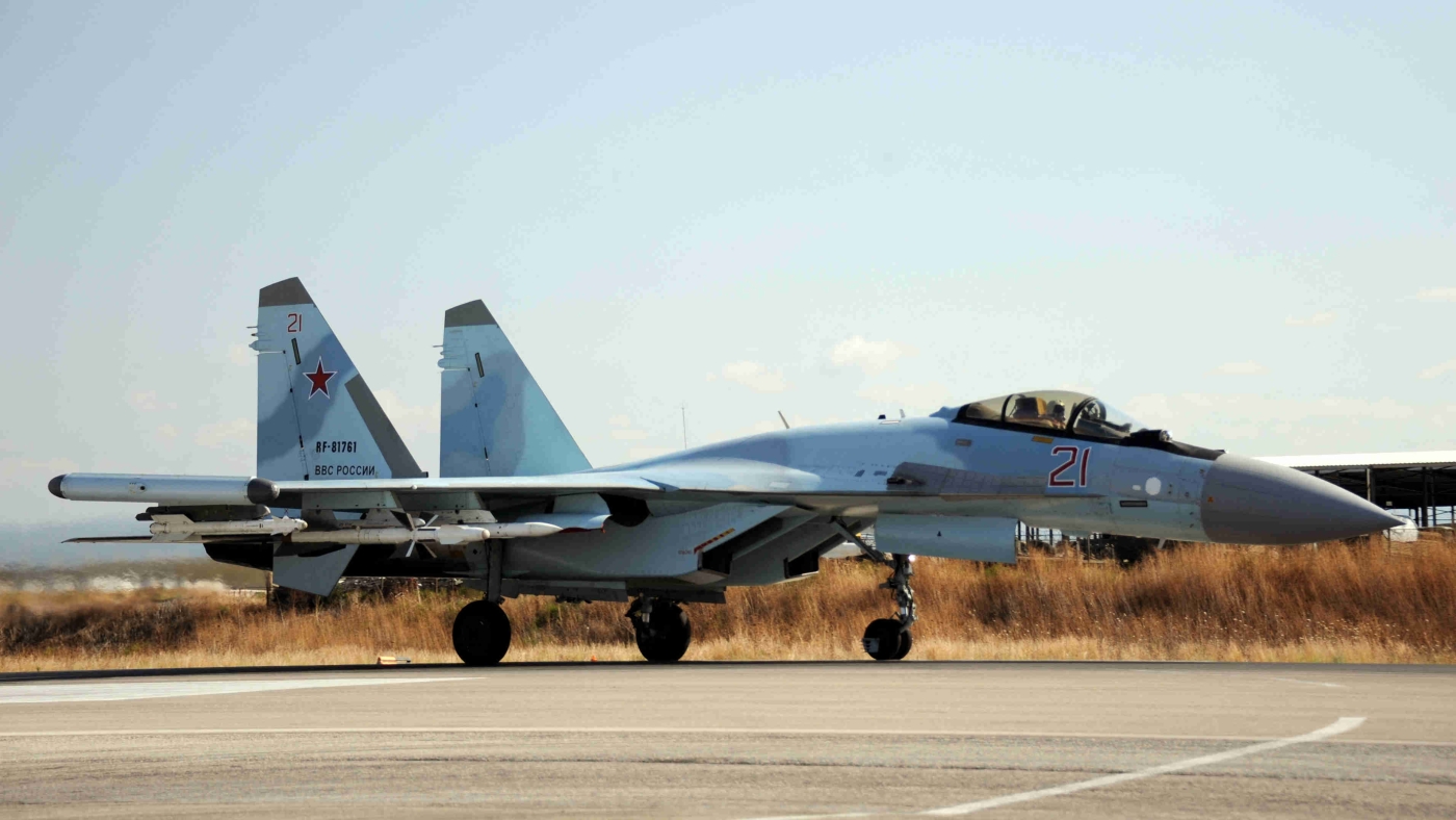 A Russian air force Sukhoi Su-35 fighter lands at the Russian military base of Hmeimim in the Syrian city of Latakia in 26 September 2019 (AFP)