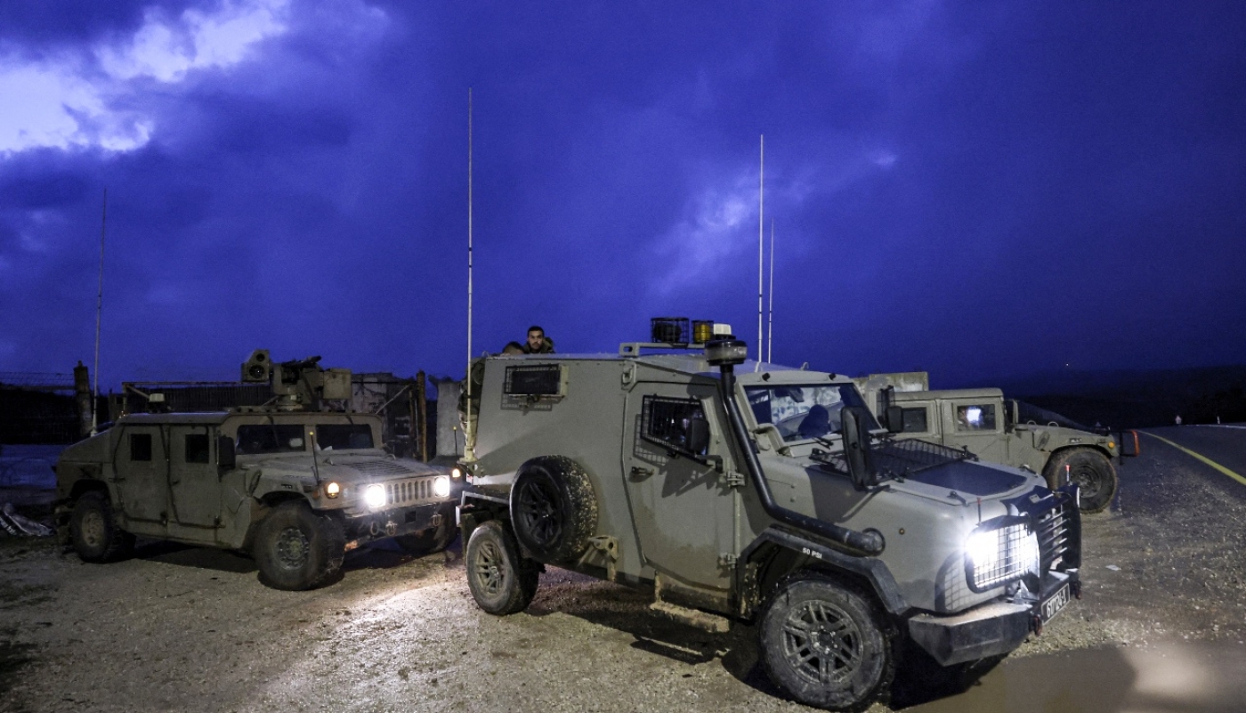 Israeli armoured military vehicles and humvees patrol along the border with Lebanon near the northern kibbutz of Bar'am on 15 March 2023.