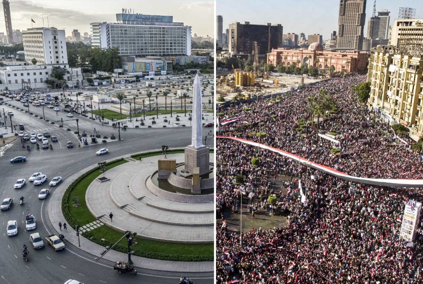La place Tahrir au Caire. À gauche : le 11 novembre 2020. À droite : le 18 février 2011, lors d’une célébration de la destitution du président Hosni Moubarak à la suite de protestations massives (AFP)