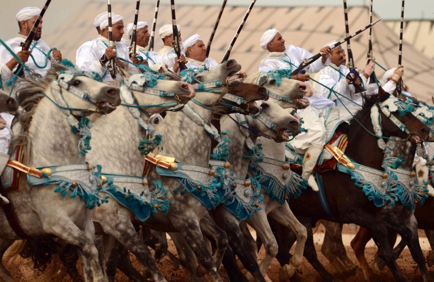 Des cavaliers marocains exécutent la tbourida, lors de la 9e édition du Salon du cheval dans la ville portuaire d’El Jadida, au sud de Casablanca, le 12 octobre 2016 (AFP/Fadel Senna)