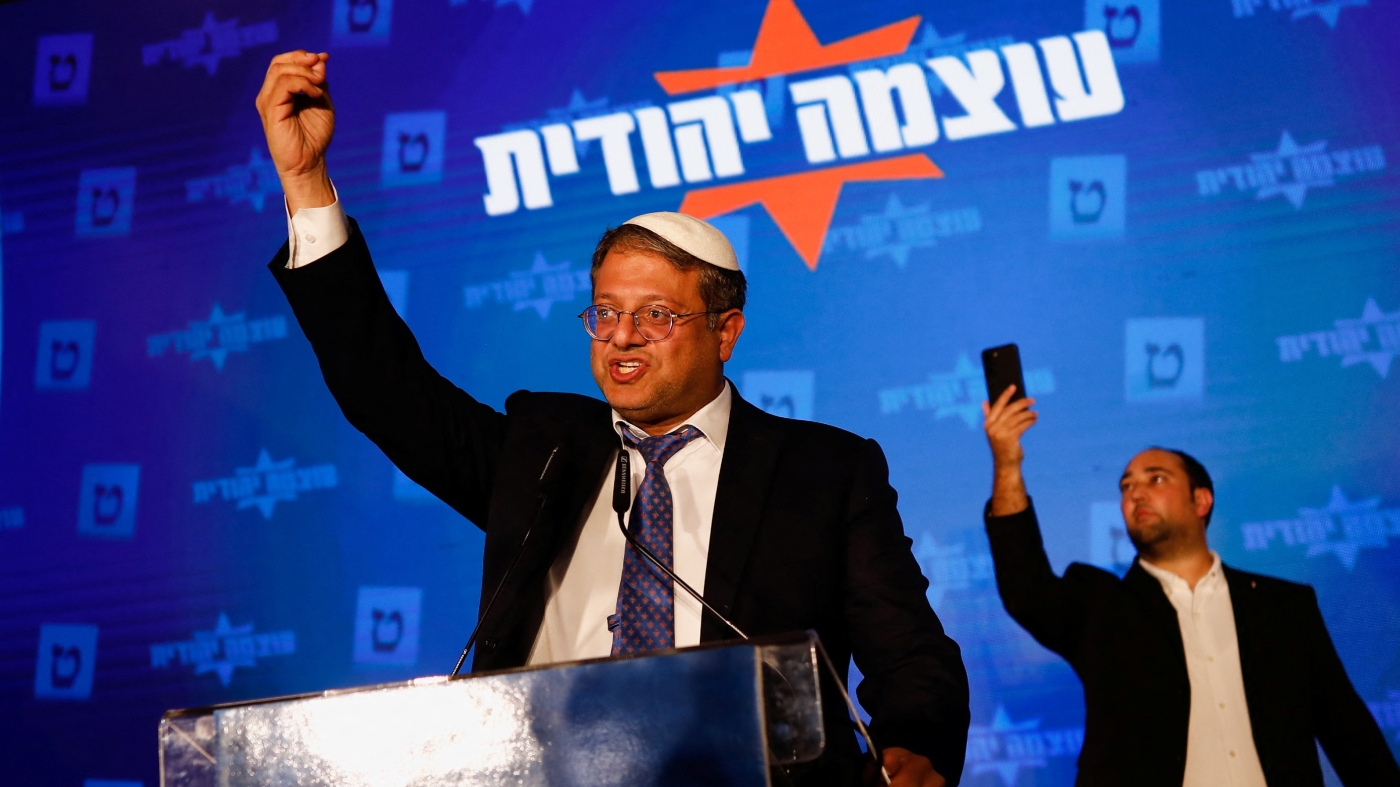 Jewish Power party leader Itamar Ben-Gvir speaks following the announcement of exit polls in Israel's general election, at his party headquarters in Jerusalem 2 November 2022 (Reuters)