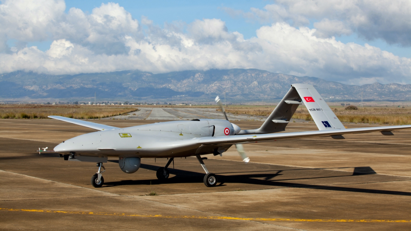 The Turkish-made Bayraktar TB2 drone is pictured on December 16, 2019 at Gecitkale military airbase near Famagusta in the self-proclaimed Turkish Republic of Northern Cyprus (TRNC).  (AFP)
