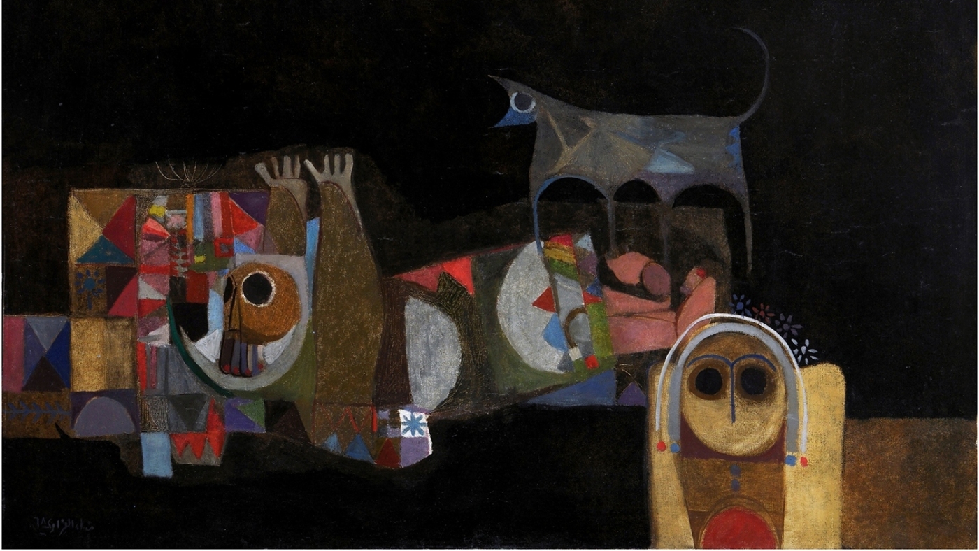 A Wolf Howls: Memories of a Poet was painted in 1968 when Azzawi was 29 (Barjeel Art Foundation/Ashmolean Museum)