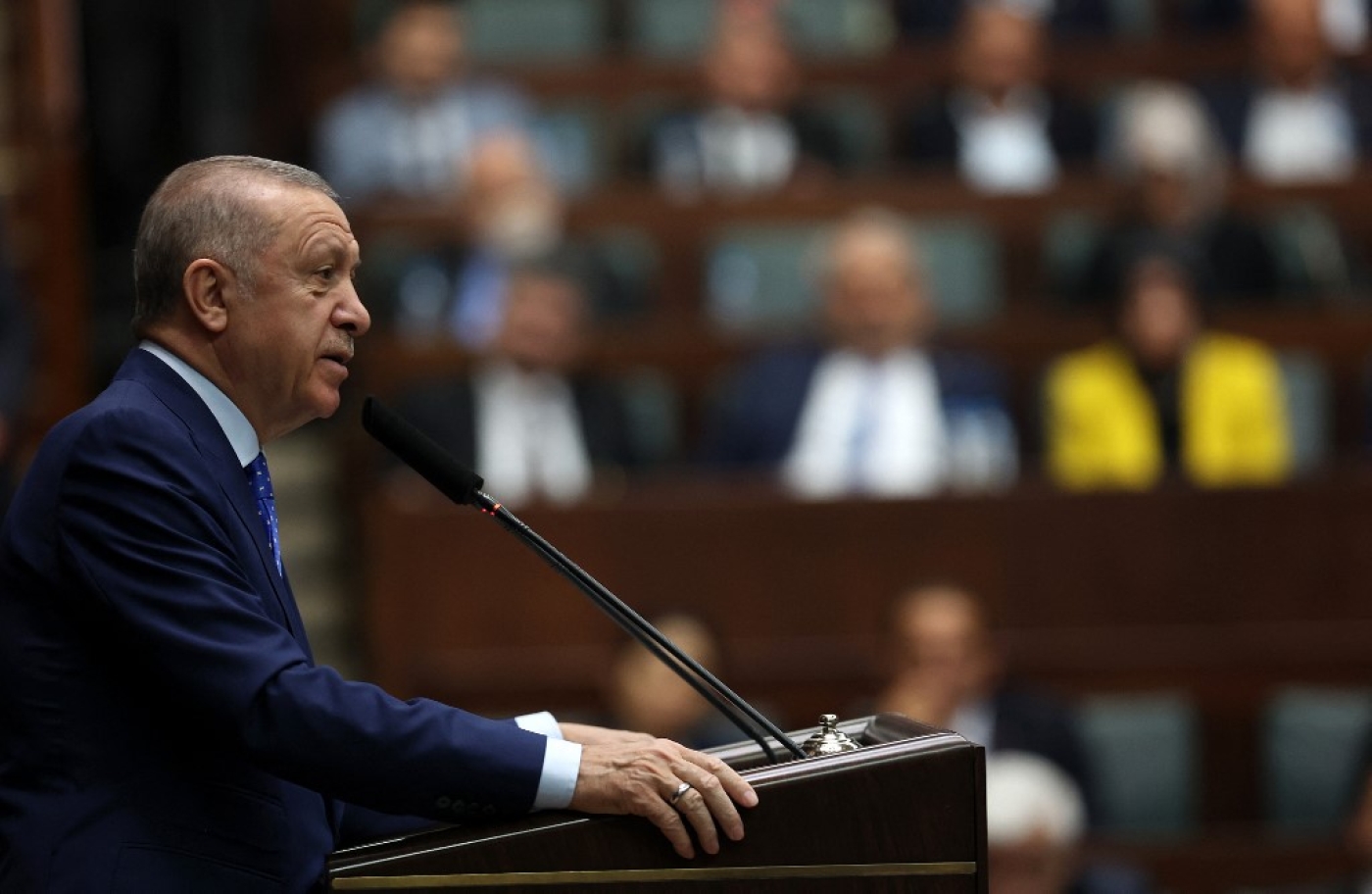 Turkey's President and leader of the Justice and Development (AK) Party Recep Tayyip Erdogan delivers a speech during his party’s group meeting at the Turkish Grand National Assembly (TGNA) in Ankara, on May 18, 2022. (AFP)