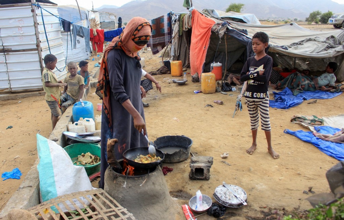 A Yemeni family at a makeshift camp for those displaced by fighting 
