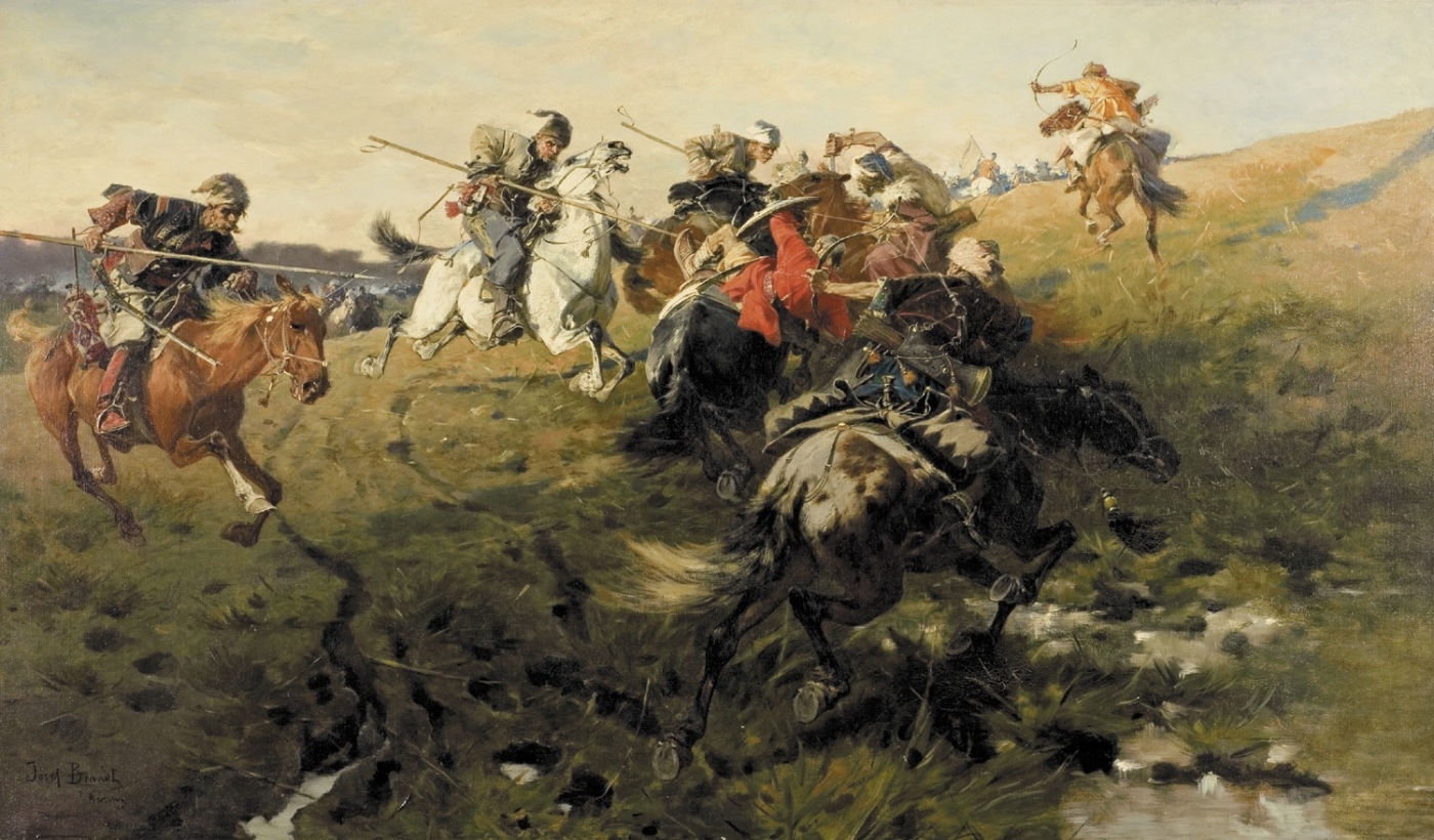 Peinture de Józef Brandt (1890) montrant une escarmouche entre Cosaques et Tatars du khanat de Crimée (Wikicommons)