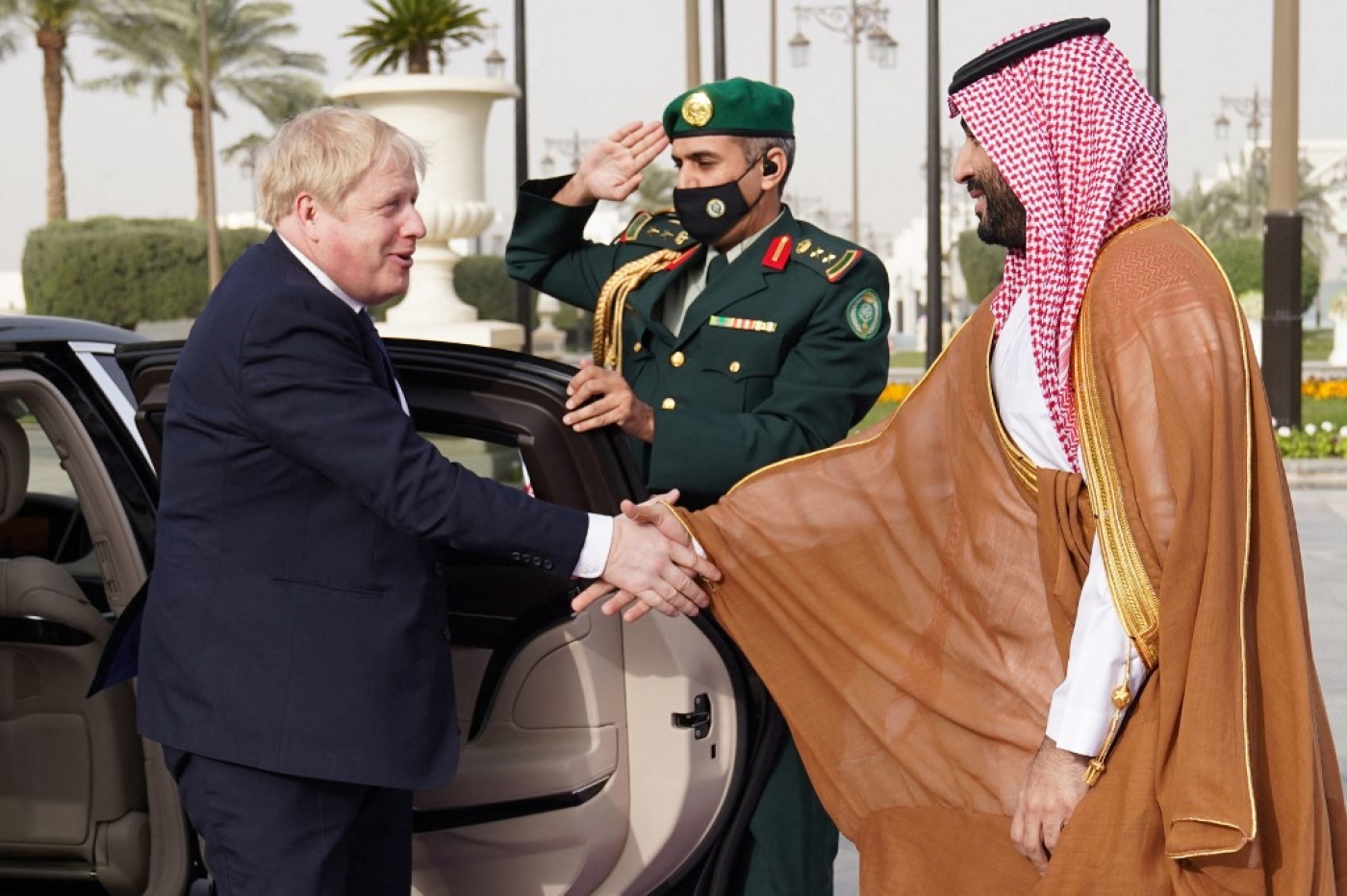British Prime Minister Boris Johnson is welcomed by Saudi Arabia's Crown Prince Mohammed bin Salman to the kingdom this March (AFP)