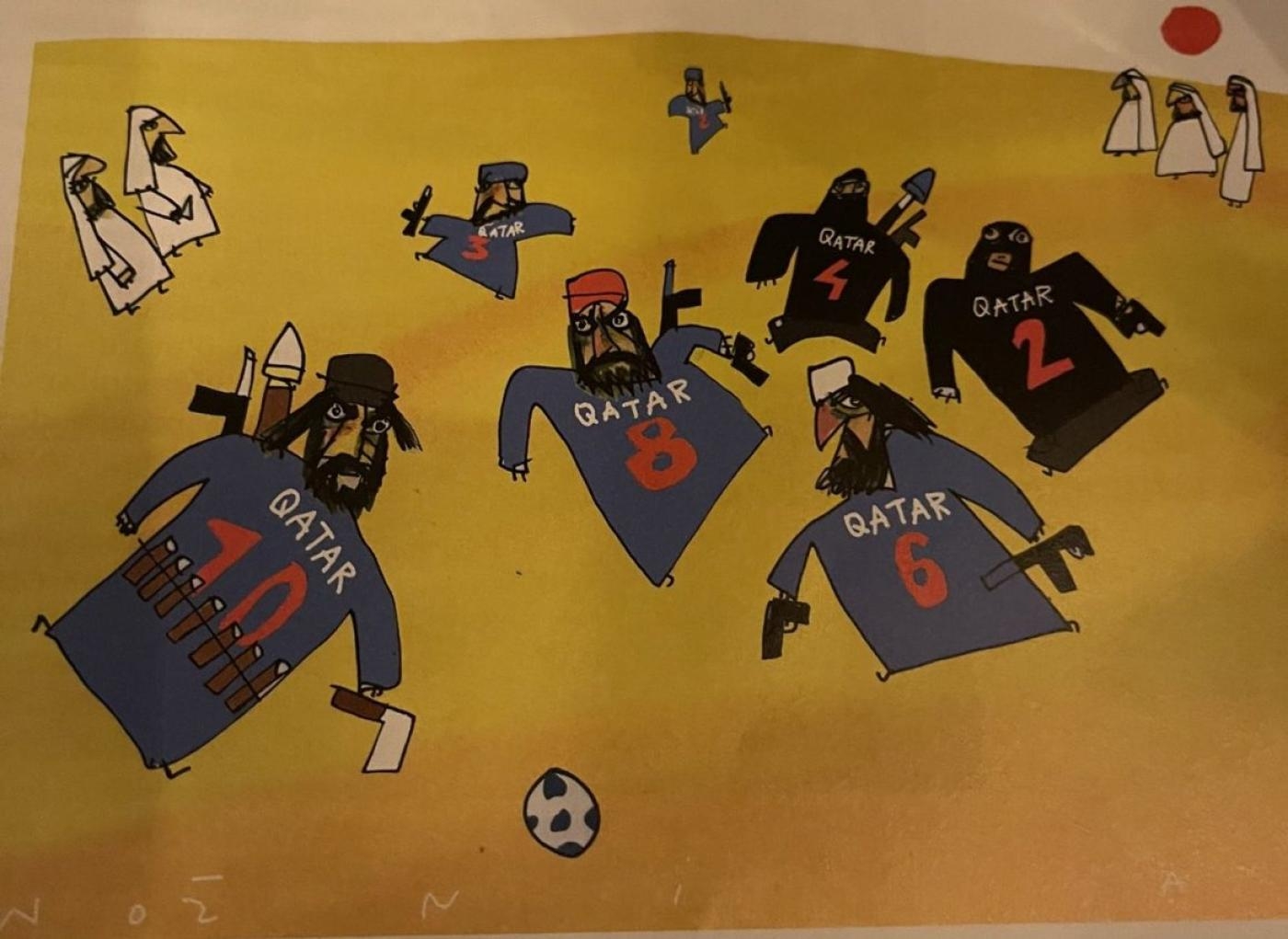 Dans son numéro d’octobre des Dossiers du Canard, Le Canard enchaîné publie une caricature de l’équipe nationale qatarie (Twitter/capture d’écran)