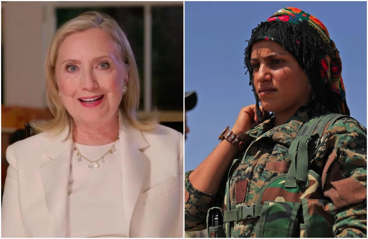 Hillary Clinton dans une publicité du Parti démocrate américain et une combattante des YPJ (AFP)