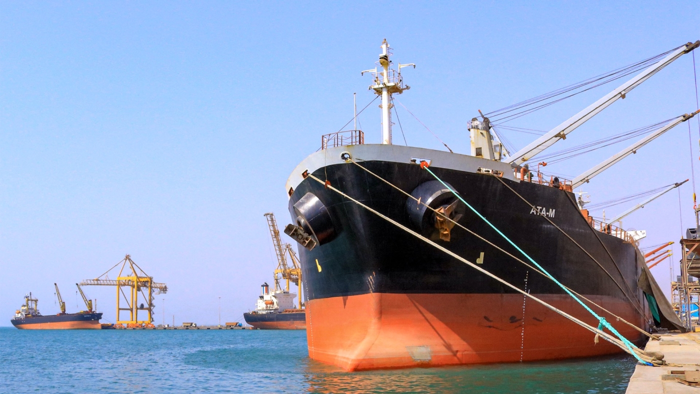 A bulk carrier ship moored at the Red Sea port of Hodeidah in western Yemen on 5 April, 2022 (AFP)