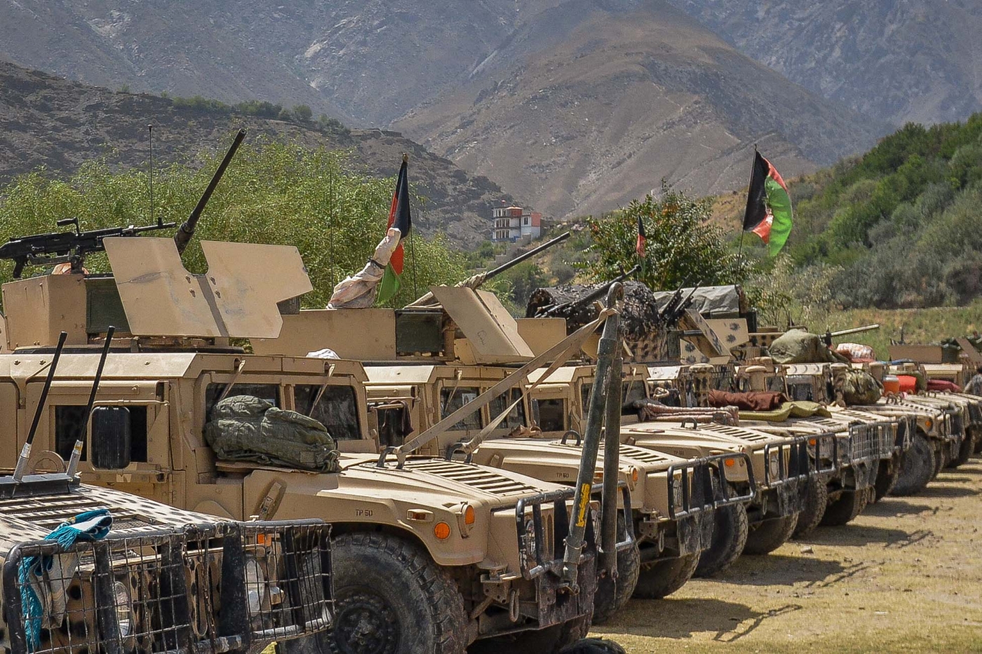 A picture taken on 19 August 2021 shows Humvee vehicles operated by Afghan armed men supporting the Afghan security forces against the Taliban in the Panjshir province.