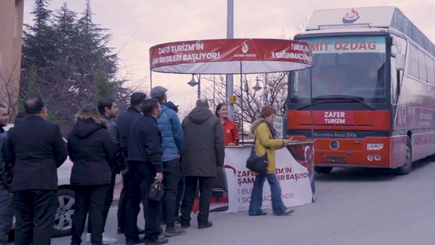 Citizens queue in this campaign video ad by Turkey' Victory Party to buy tickets for the refugees who will be deported to Syria's Damascus (Screen grab)