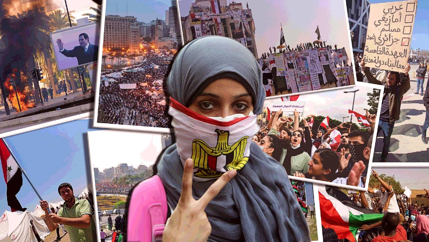 Les protestations du Printemps arabe ont notamment touché la Tunisie, la Syrie et la Libye (à gauche) à partir de 2010. Plus récemment, des protestations ont eu lieu en Irak, en Algérie et au Liban (à droite) (AFP, Reuters, Creative Commons)