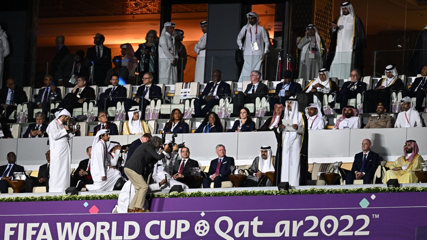 International leaders and dignitaries during the opening ceremony of the 2022 Qatar World Cup at the Al-Bayt Stadium in Al Khor, north of Doha on 20 November 2022 (AFP)
